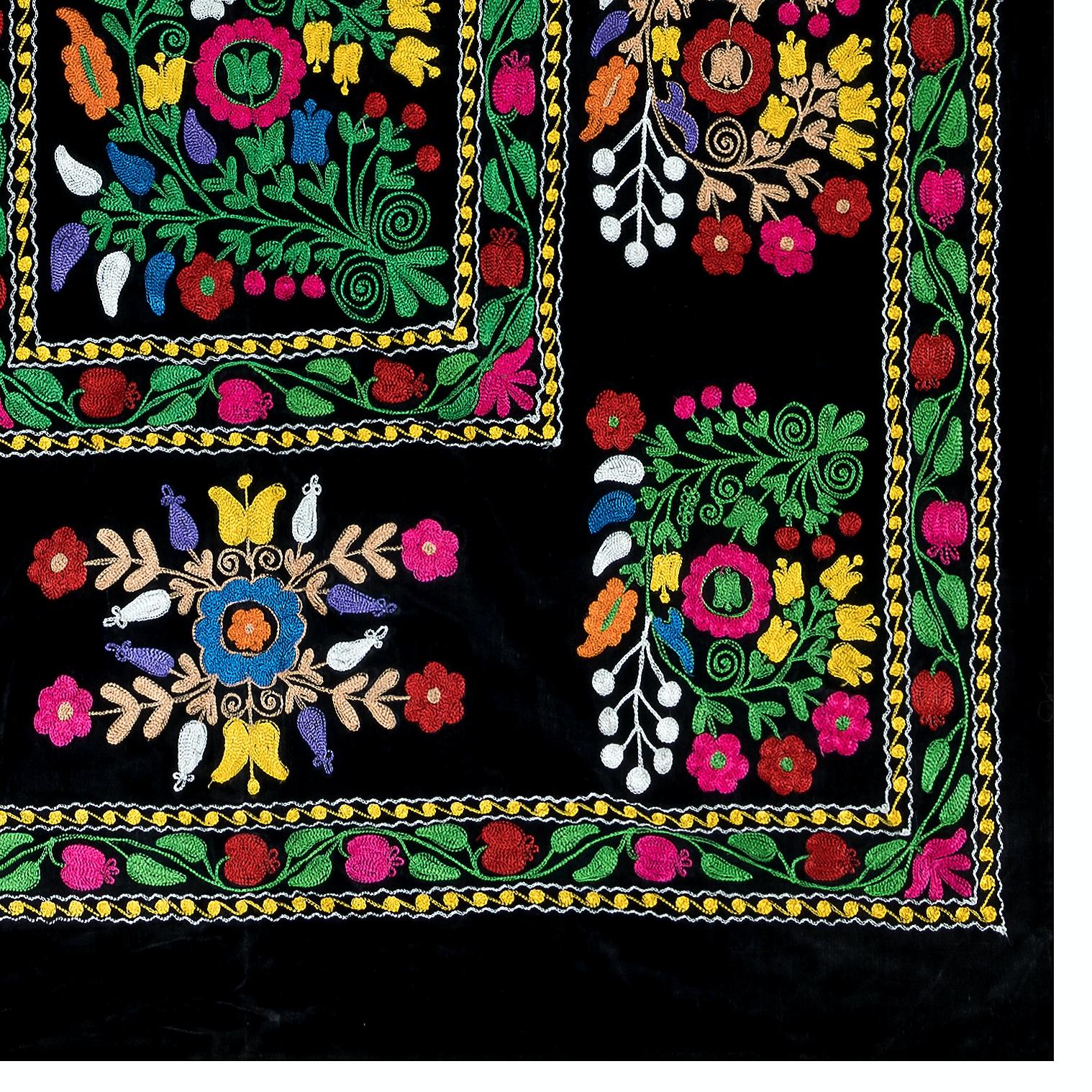 Embroidered 4x7.4 Ft Silk Embroidery Tapestry, Black Wall Hanging, Vintage Uzbek Bedspread For Sale