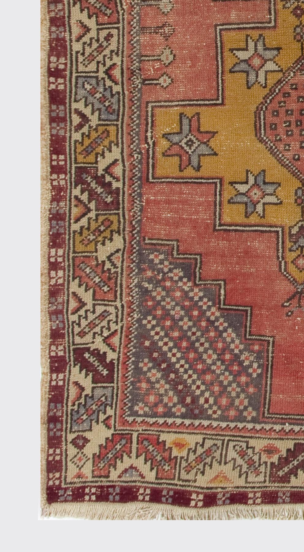 Tribal 4x7.4 Ft Vintage Hand-Made Anatolian Accent Rug with Wool Pile in Soft Red For Sale