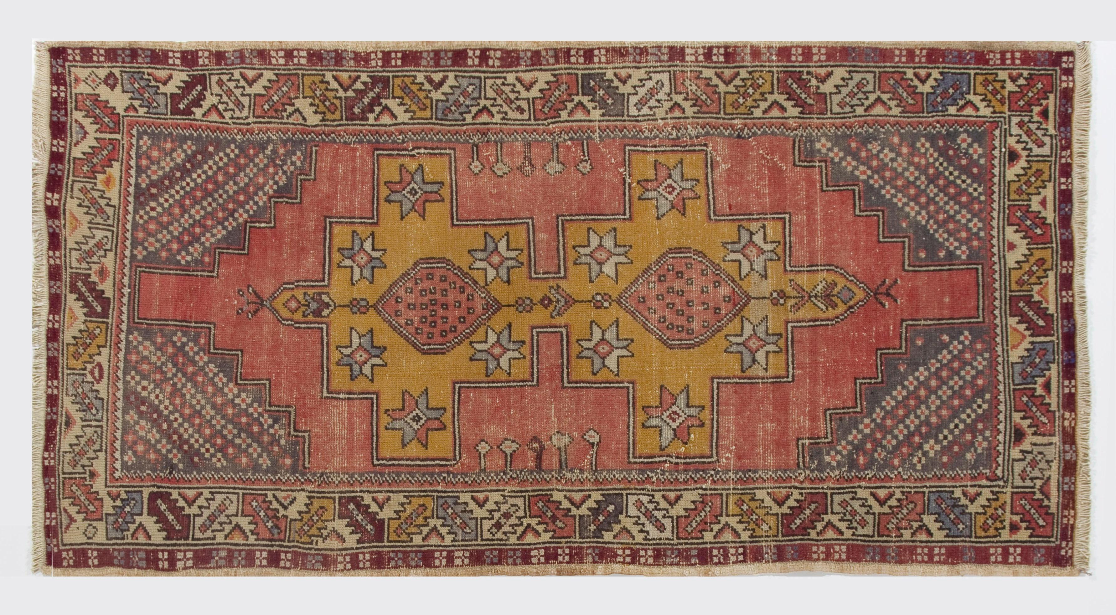 Hand-Knotted 4x7.4 Ft Vintage Hand-Made Anatolian Accent Rug with Wool Pile in Soft Red For Sale