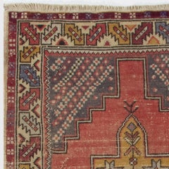 4x7.4 Ft Vintage Hand-Made Turkish Tribal Area Rug with Wool Pile in Soft Red