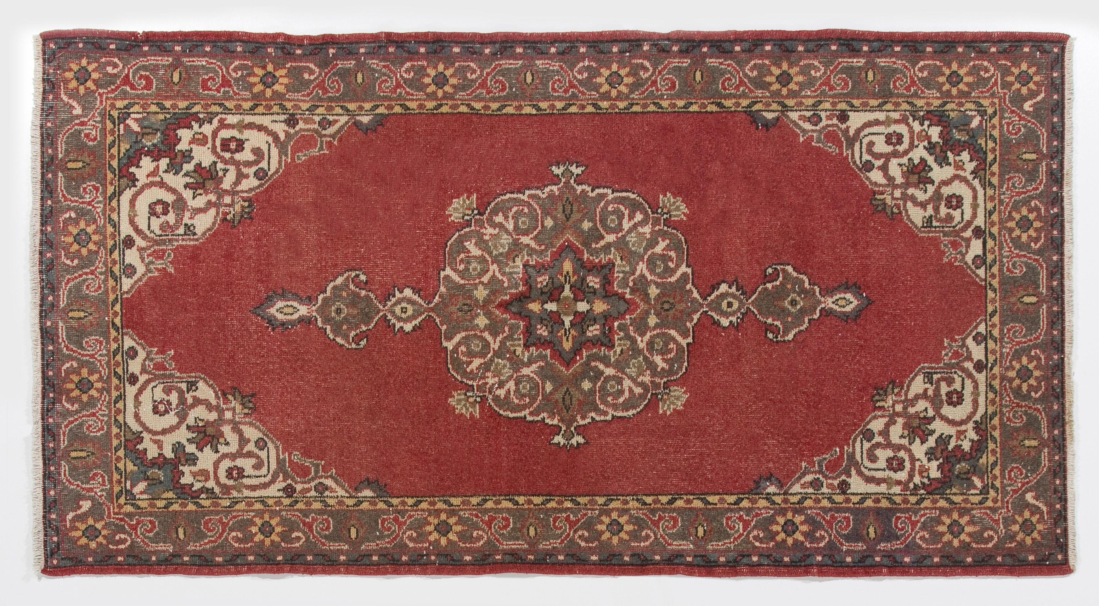 4x7.3 Ft Vintage Turkish Accent Rug, Traditional Handmade Wool Carpet in Red In Good Condition For Sale In Philadelphia, PA