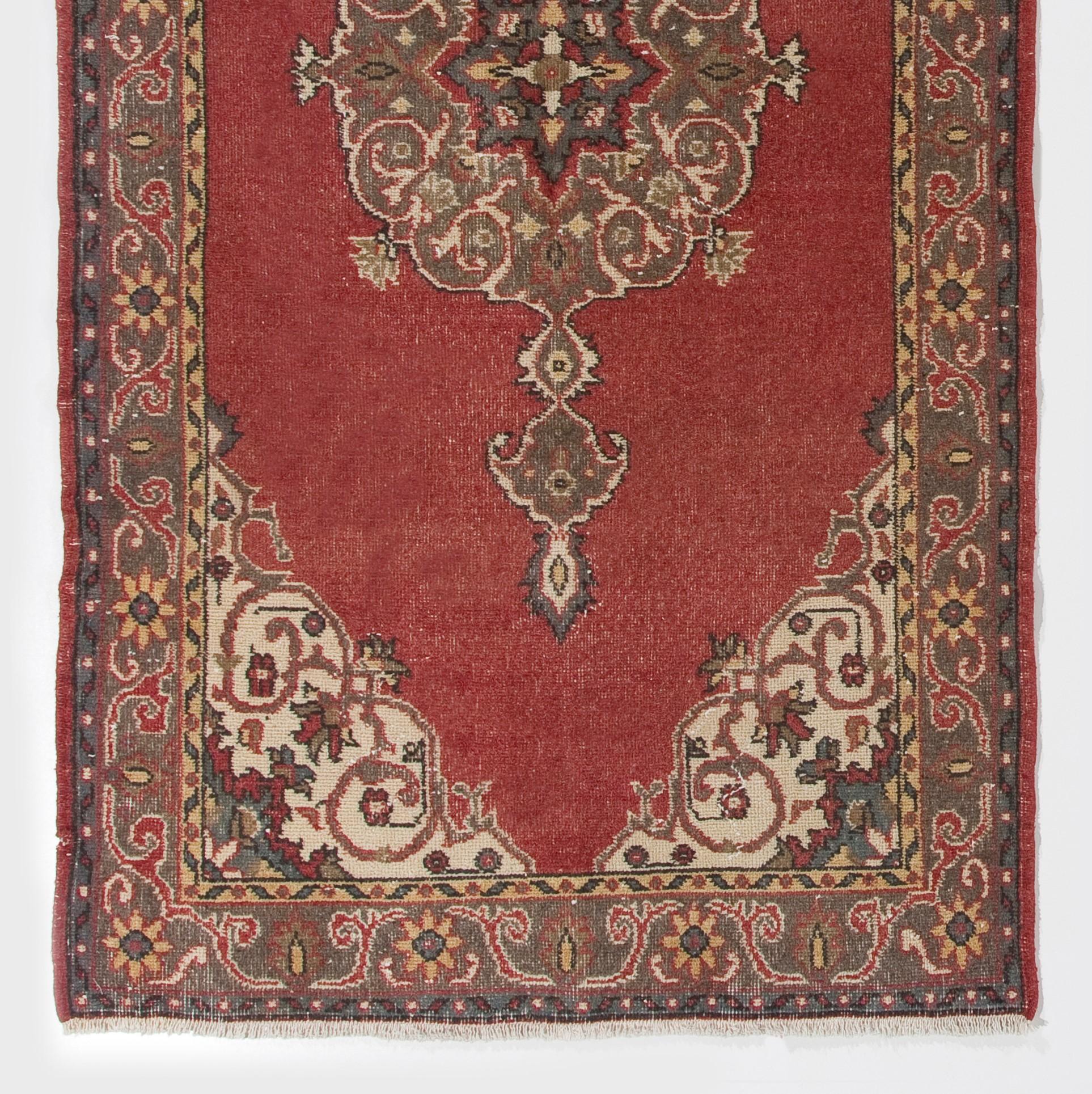 Hand-Knotted 4x7.3 Ft Vintage Turkish Accent Rug, Traditional Handmade Wool Carpet in Red For Sale