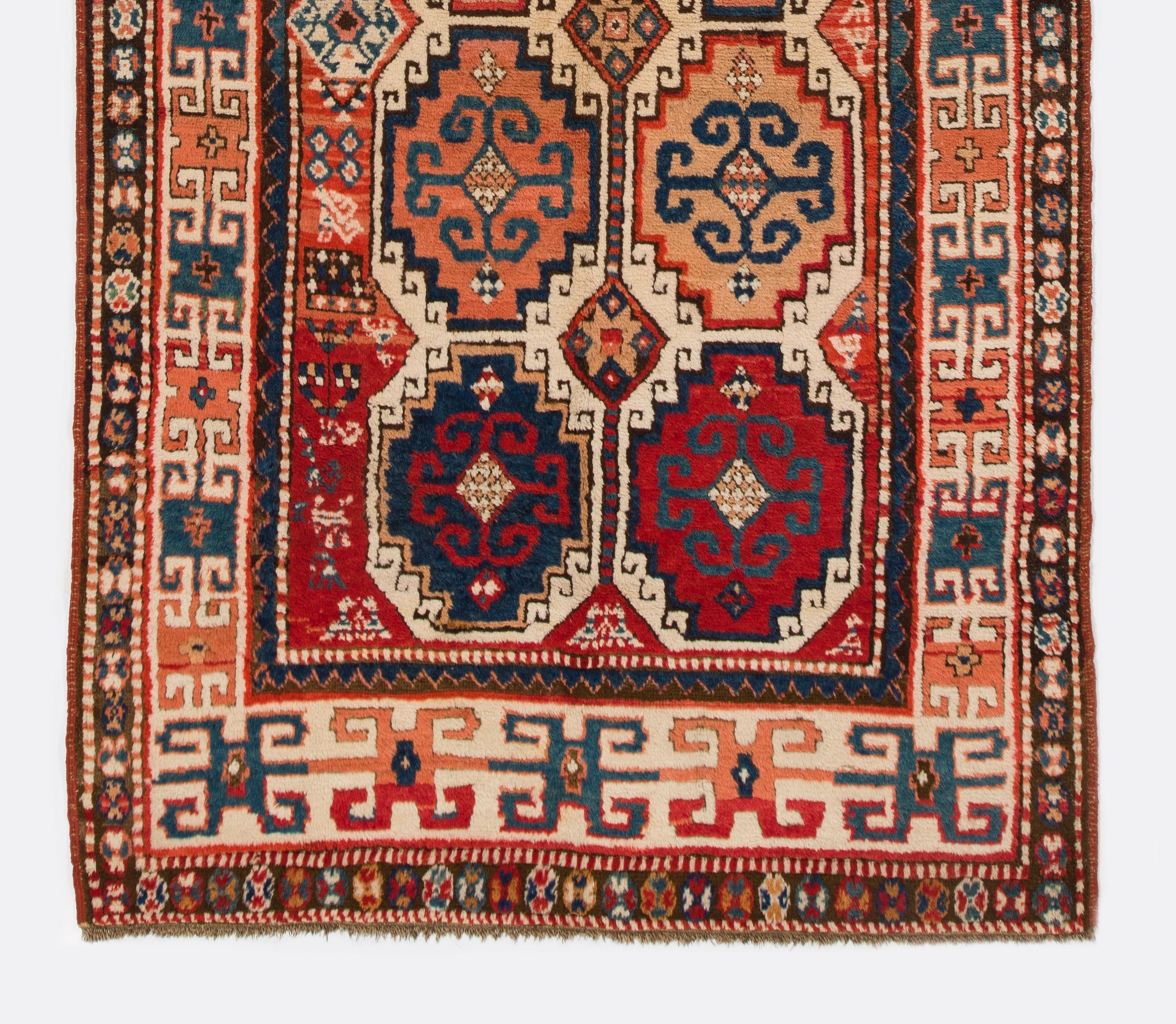 Hand-Knotted 4x7.6 ft Antique Caucasian Moghan Kazak Wool Rug, circa 1870  For Sale