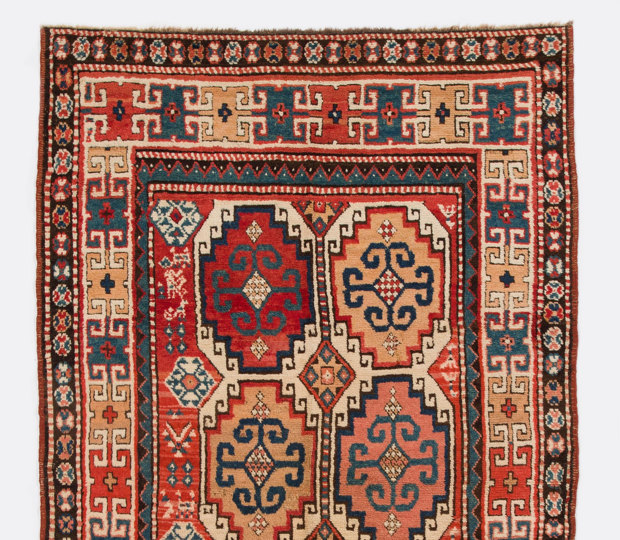 Caucasien 4x7.6 ft Antique Caucasian Moghan Kazak Wool Rug, circa 1870  en vente