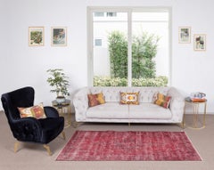 4x7.6 Ft Distressed Vintage Handmade Turkish Rug Over-Dyed in Red Color