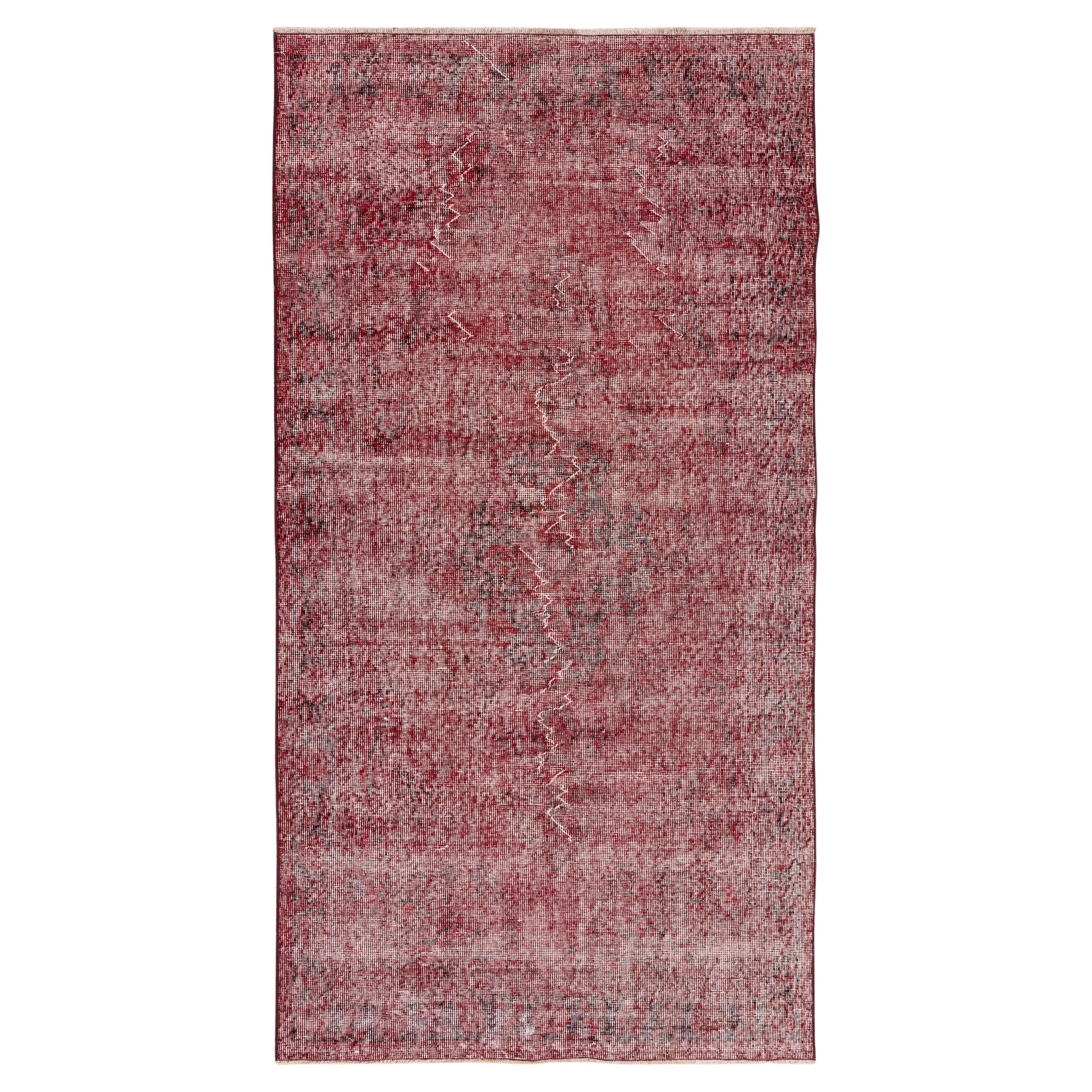 4x7.6 Ft Distressed Vintage Handmade Turkish Rug Over-Dyed in Red Color