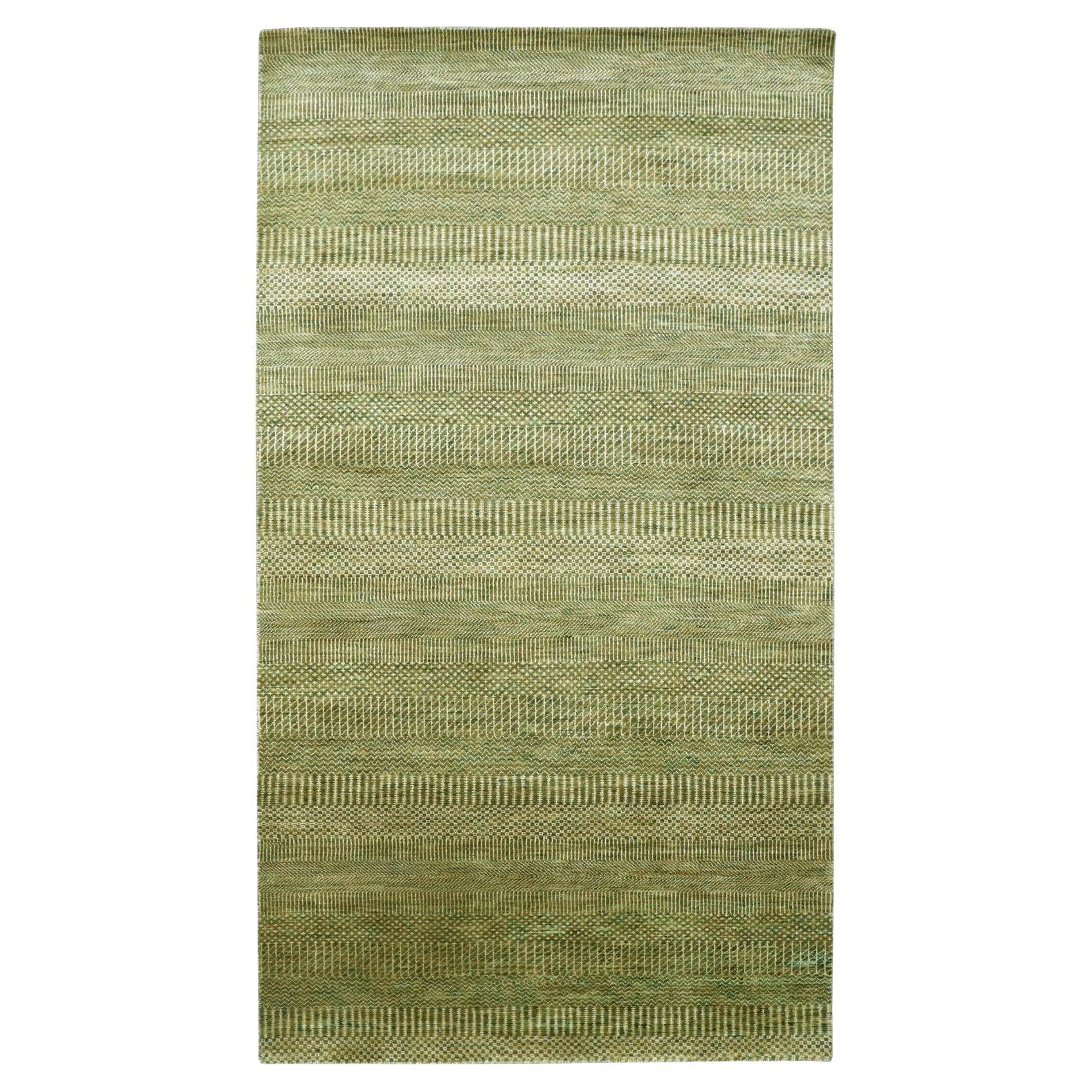 4'x8' Brown Modern Grass Design Hand Knotted Wool and Silk Runner Rug