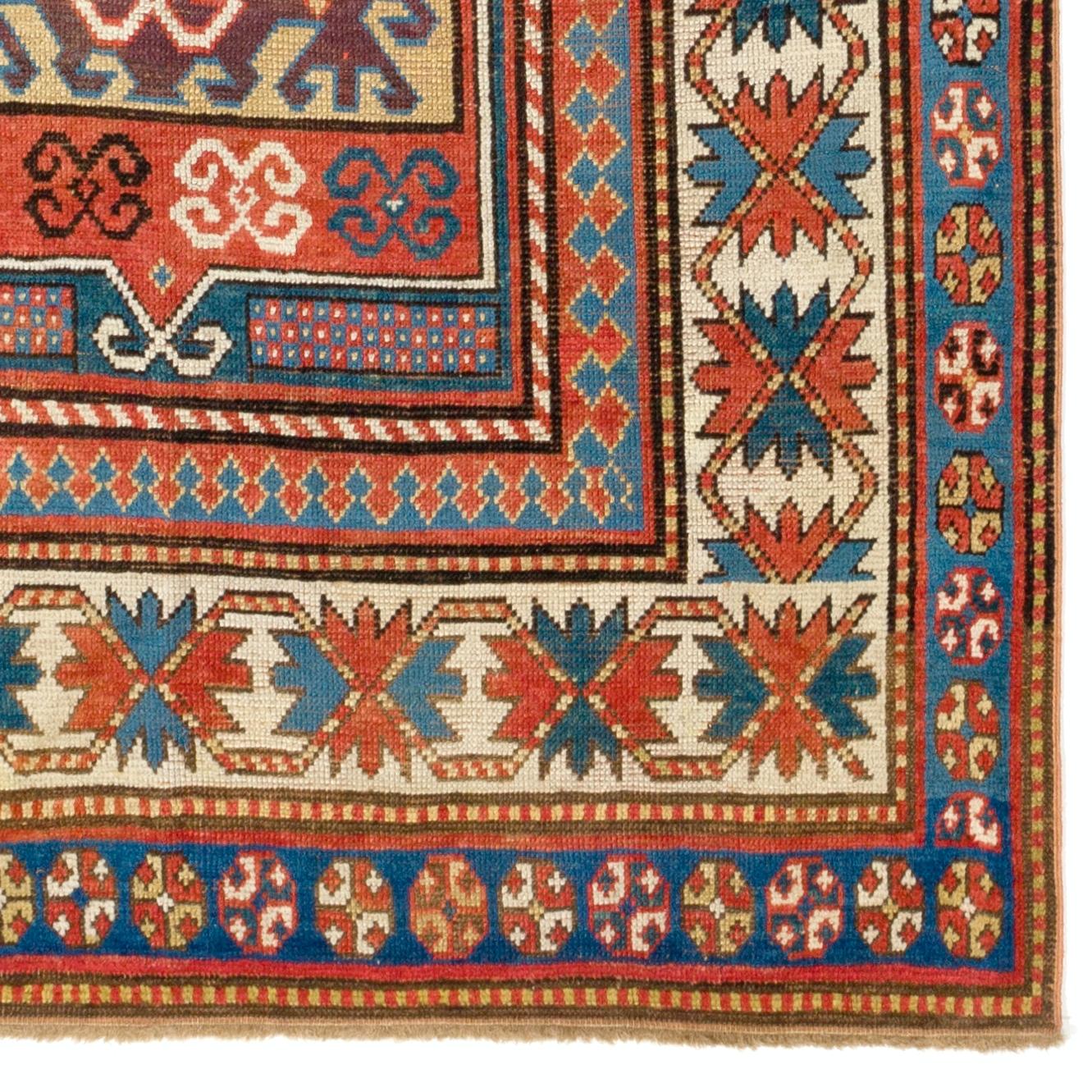 Antiker kaukasischer Kazak-Teppich mit 4x8 Fuß, Südkaukasus, um 1875 (Handgeknüpft) im Angebot