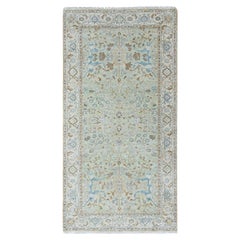 Alfombra de pasillo de lana pura, anudada a mano, estilo Oushak verde, de 4'x8', con motivos florales