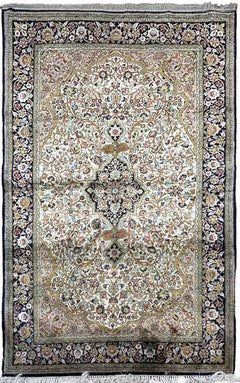 4x8 Vintage Persian Ghom Rug 130x229 cm Fine Silk Floral Tapestry c.1980