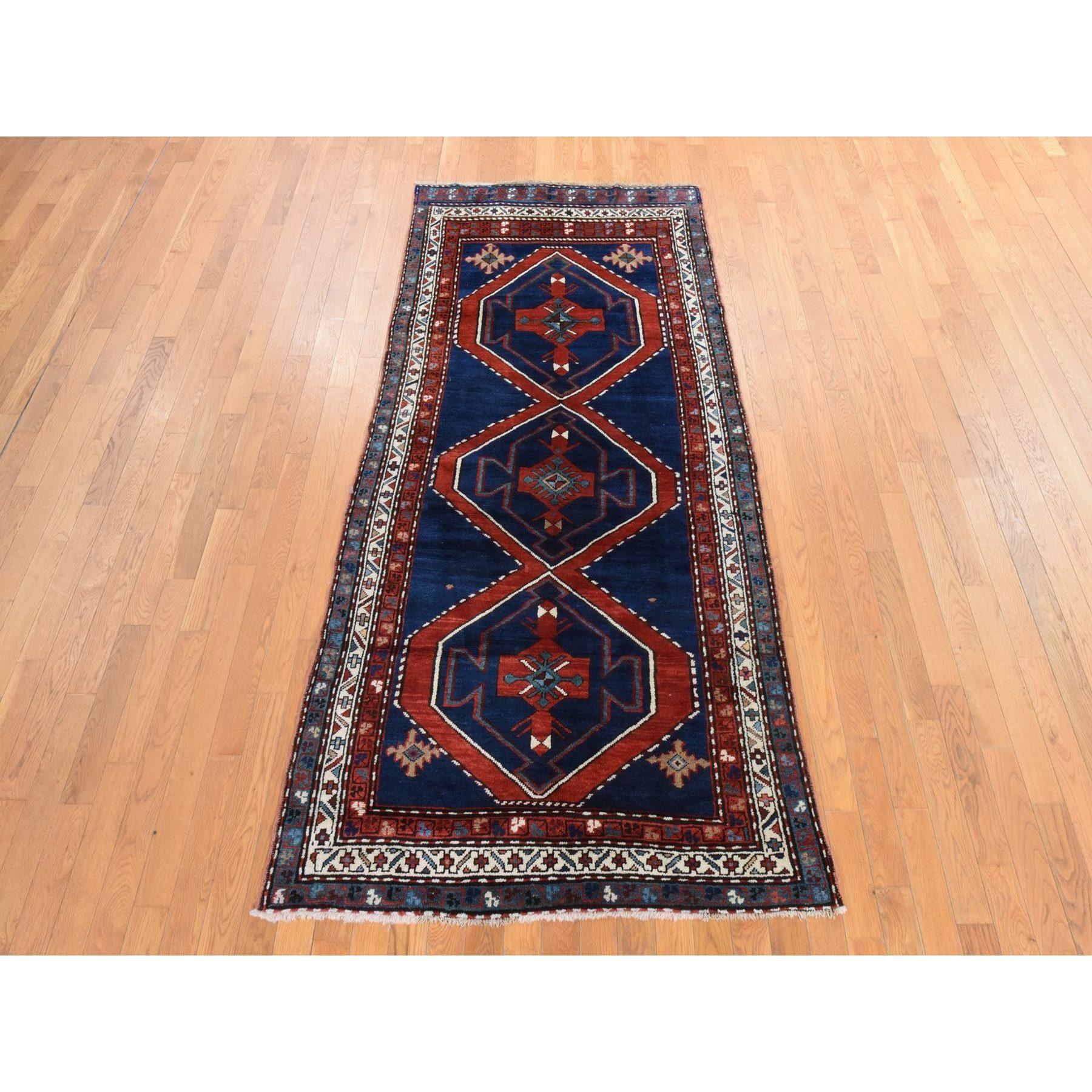 Navy Blue, Antique Caucasian Rug, Armenian Kazak, Good Condition, Clean and Soft, Geometric Medallions Design, 100% Wool, Hand Knotted, Full Pile, Wide Runner, Oriental
Primary materials: Wool
Latex: No Pile 
height: 0.25 Inches
Style:
