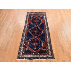 4'x8'9" Navy Blue Antique Caucasian Rug Armenian Kazak Hand Knotted Pure Wool