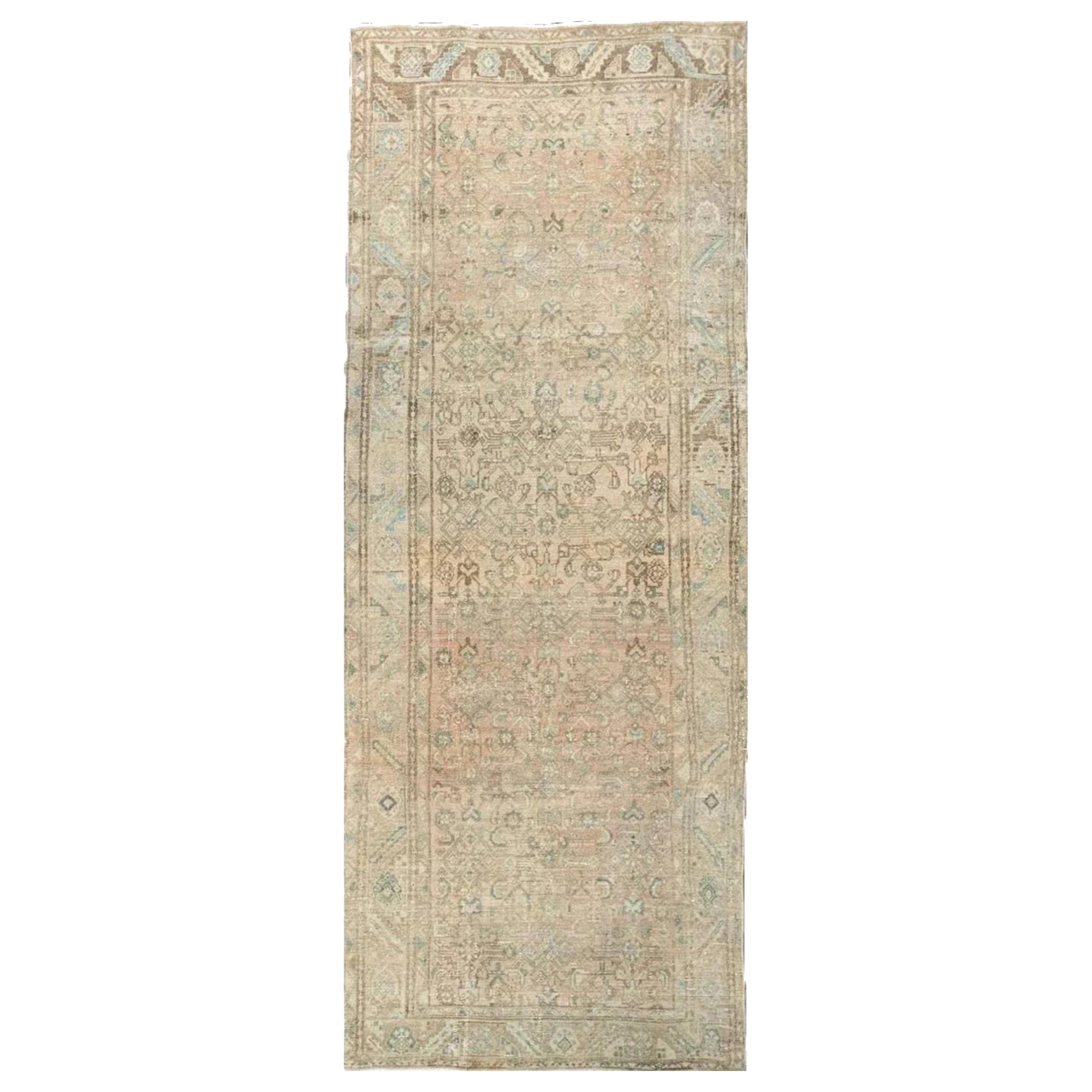 4x9 Hand Knotted Old Hamedan Wool Runner Rug, Geometric Design For Sale