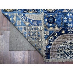 4'x9'10" Denim Blue Mamluk Design Soft Wool Hand Knotted Runner Oriental Rug