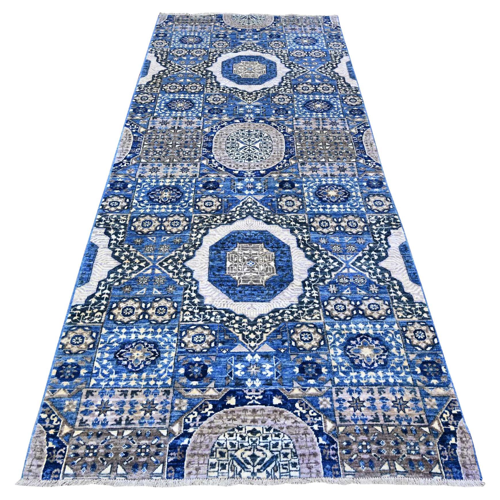 4
x9
10" Denim Blue Mamluk Design Soft Wool Hand Knotted Runner Oriental Rug For Sale