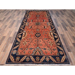4'x9'3" Rust Red Hand Knotted Heriz All Over Design Soft Wool Runner Rug