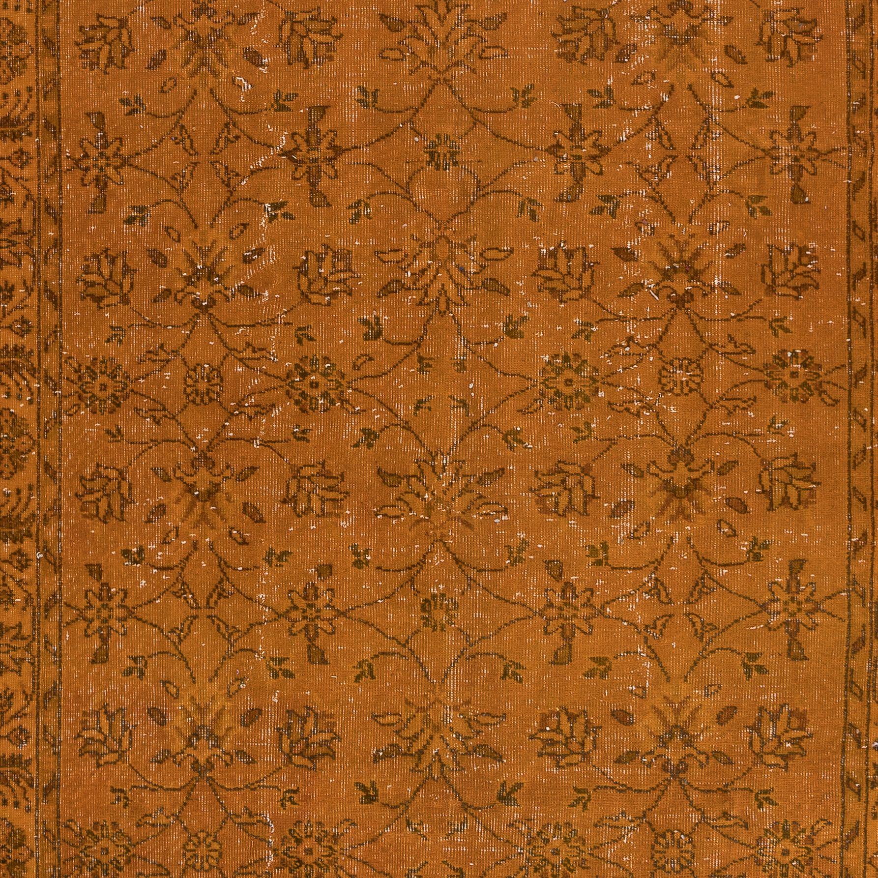 Modern 4x9.4 Ft Handmade Rug with All-Over Floral Design, Orange Turkish Carpet For Sale