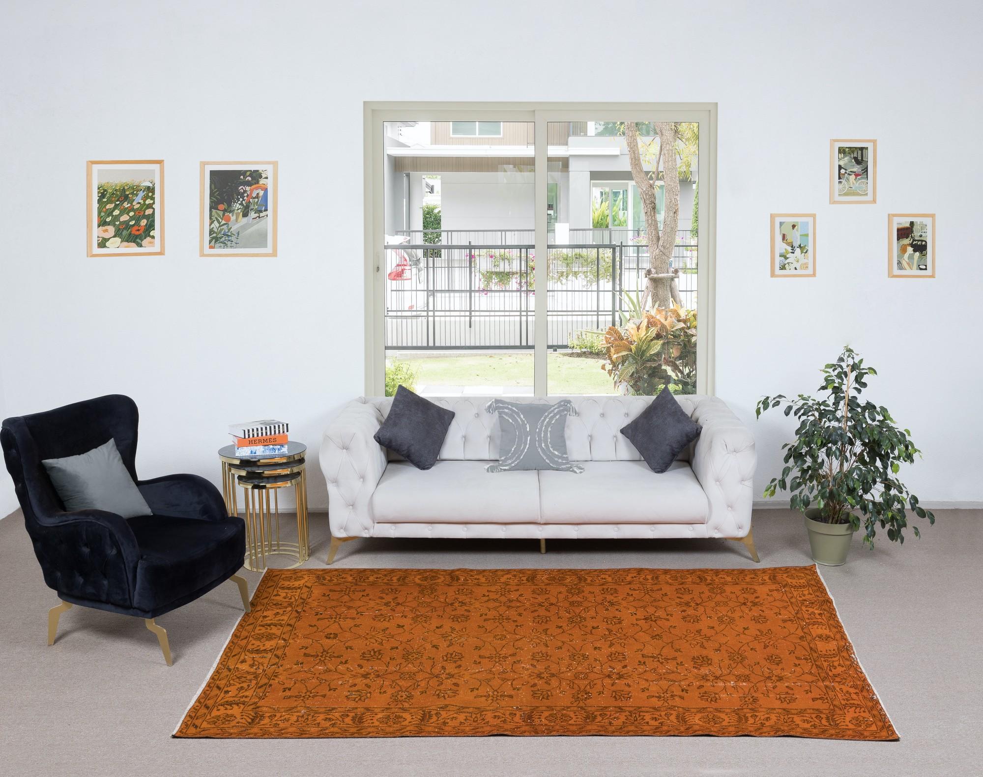4x9,4 Ft Handgefertigter Teppich mit floralem All-Over-Design, orangefarbener türkischer Teppich (Handgeknüpft) im Angebot