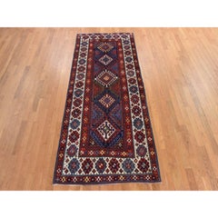 4'x9'4" Red Antique Geometric Caucasian Kazak Hand Knotted Wool Runner Rug