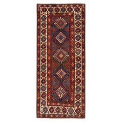 4'x9'4" Rouge Antique Géométrique Caucasien Kazak Tapis de course en laine nouée à la main