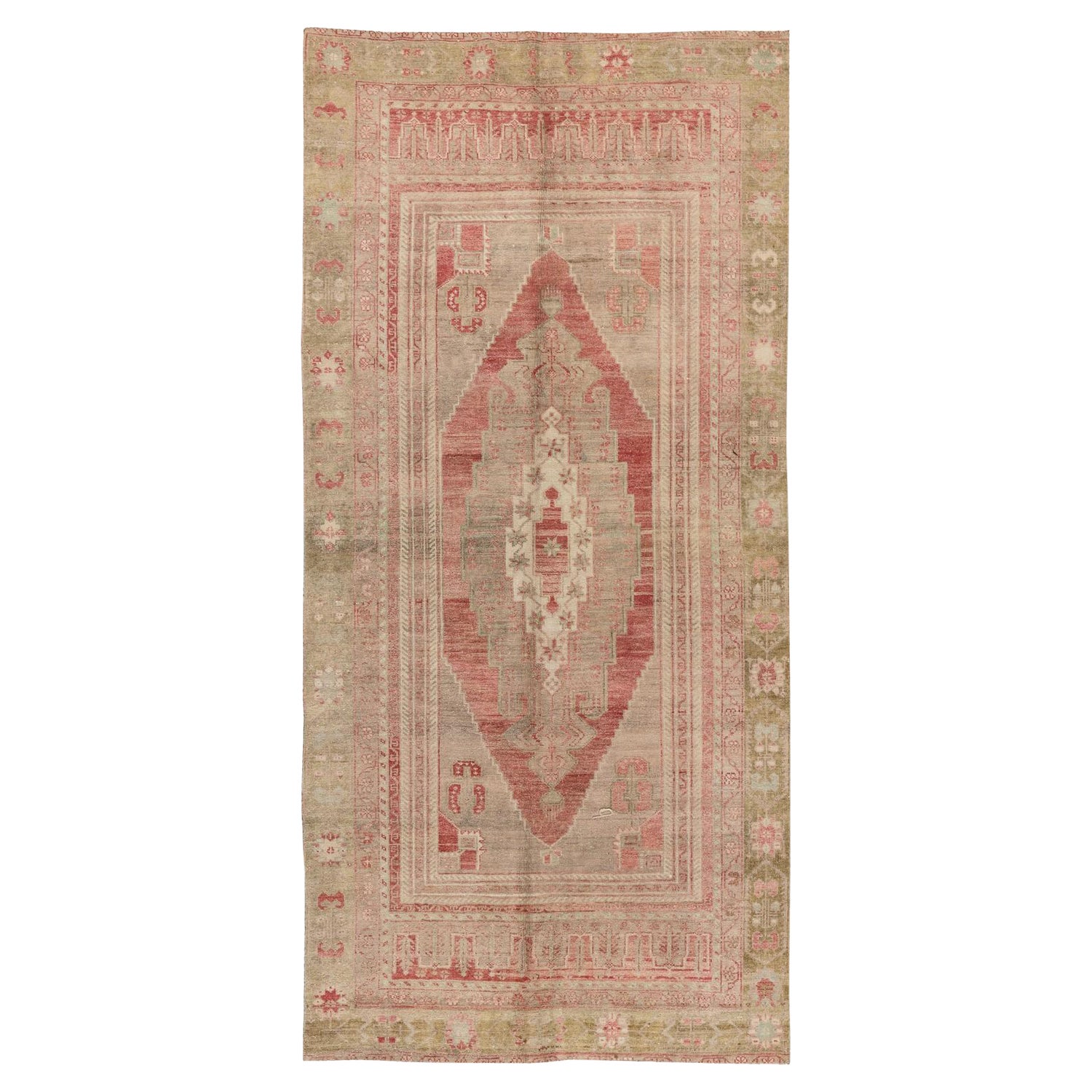 Türkischer Oushak-Teppich in weichen Farben, 100 % aus Wolle, 4x9,5 Ft im Angebot