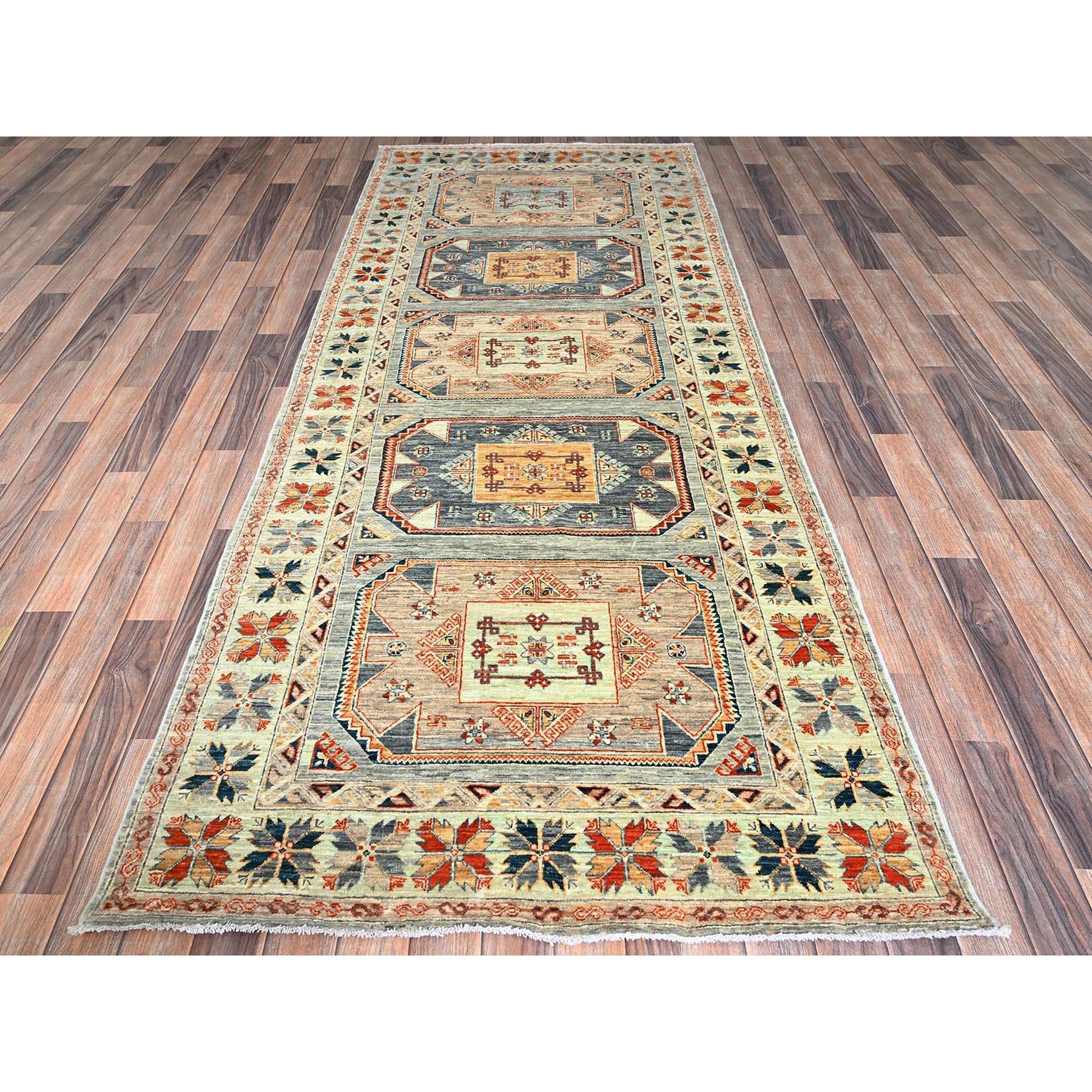 Light Green, Armenian Inspired Caucasian Design, Super Fine Wool, 200 KPSI, Vegetable Dyes, Hand Knotted, Wide Runner, Oriental Rug
Primary materials: Wool
Latex: No Pile 
height: 0.25 Inches
Style: Traditional
Primary color: Green
Secondary colors: