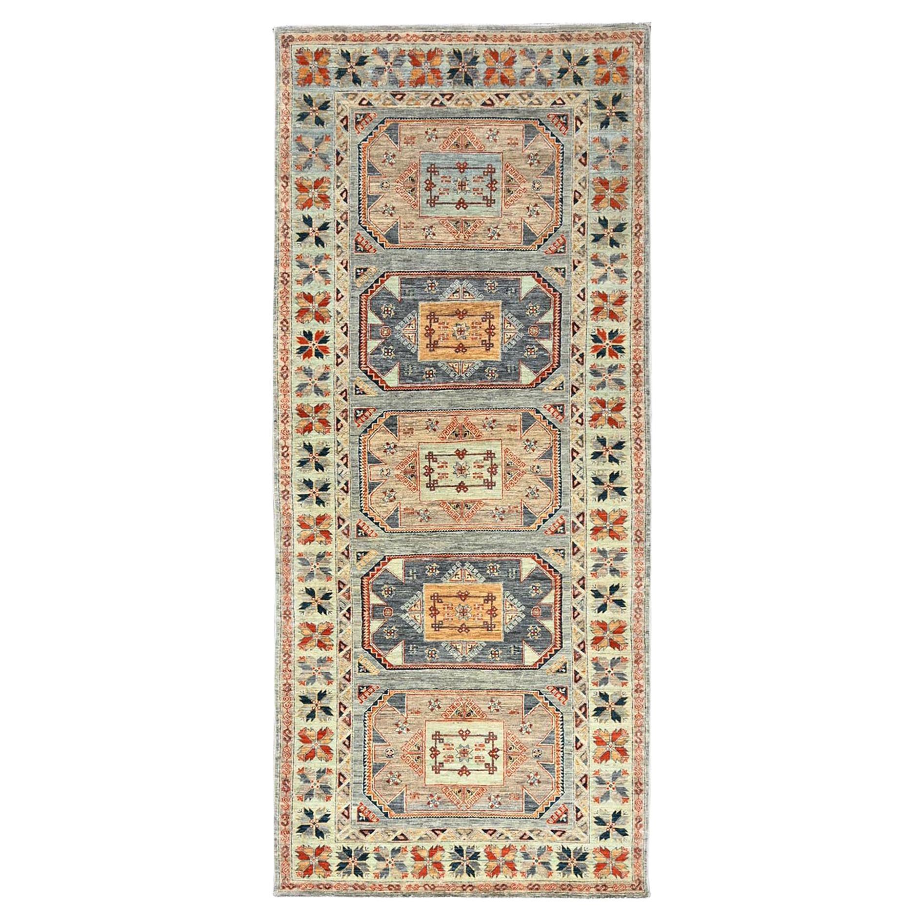 4'x9'5" Light Green Caucasian Design Super Fine Wool Hand Knotted Runner Rug For Sale