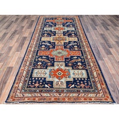4'x9'6" Blue Armenian Inspired Caucasian Design Hand Knotted Wool Runner Rug