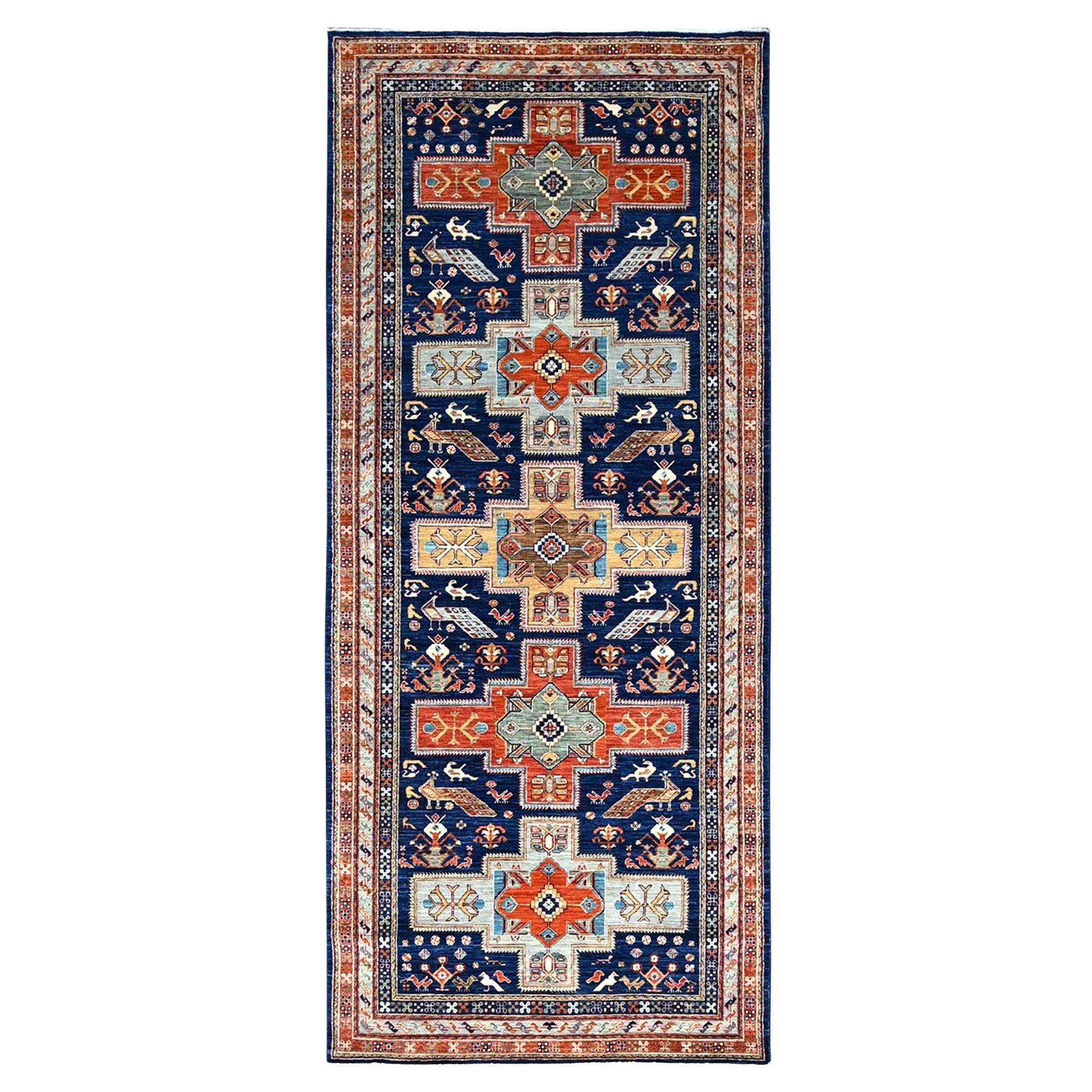 4'x9'6" Blue Armenian Inspired Caucasian Design Hand Knotted Wool Runner Rug