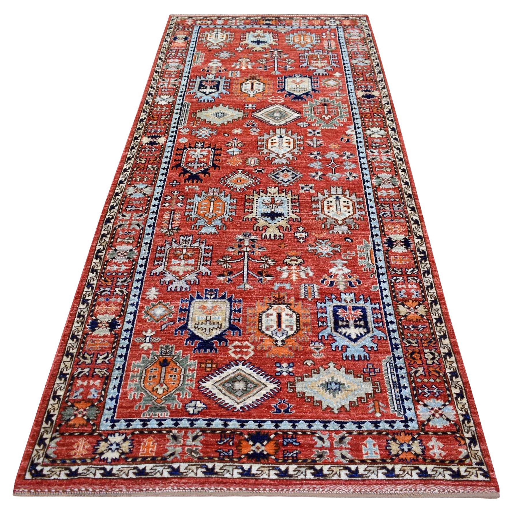 Tapis de course en laine nouée à la main 4'x9'7" Coral Red Afghan Ersari Elements Design