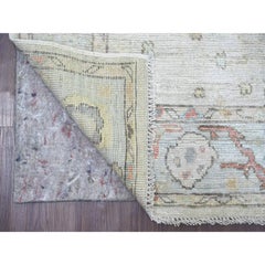 4'x9'7" Light Gray Angora Oushak Leaf Design Hand Knotted Pure Wool Runner Rug