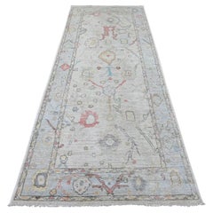4'x9'7" Light Gray Angora Oushak Leaf Design Hand Knotted Pure Wool Runner Rug