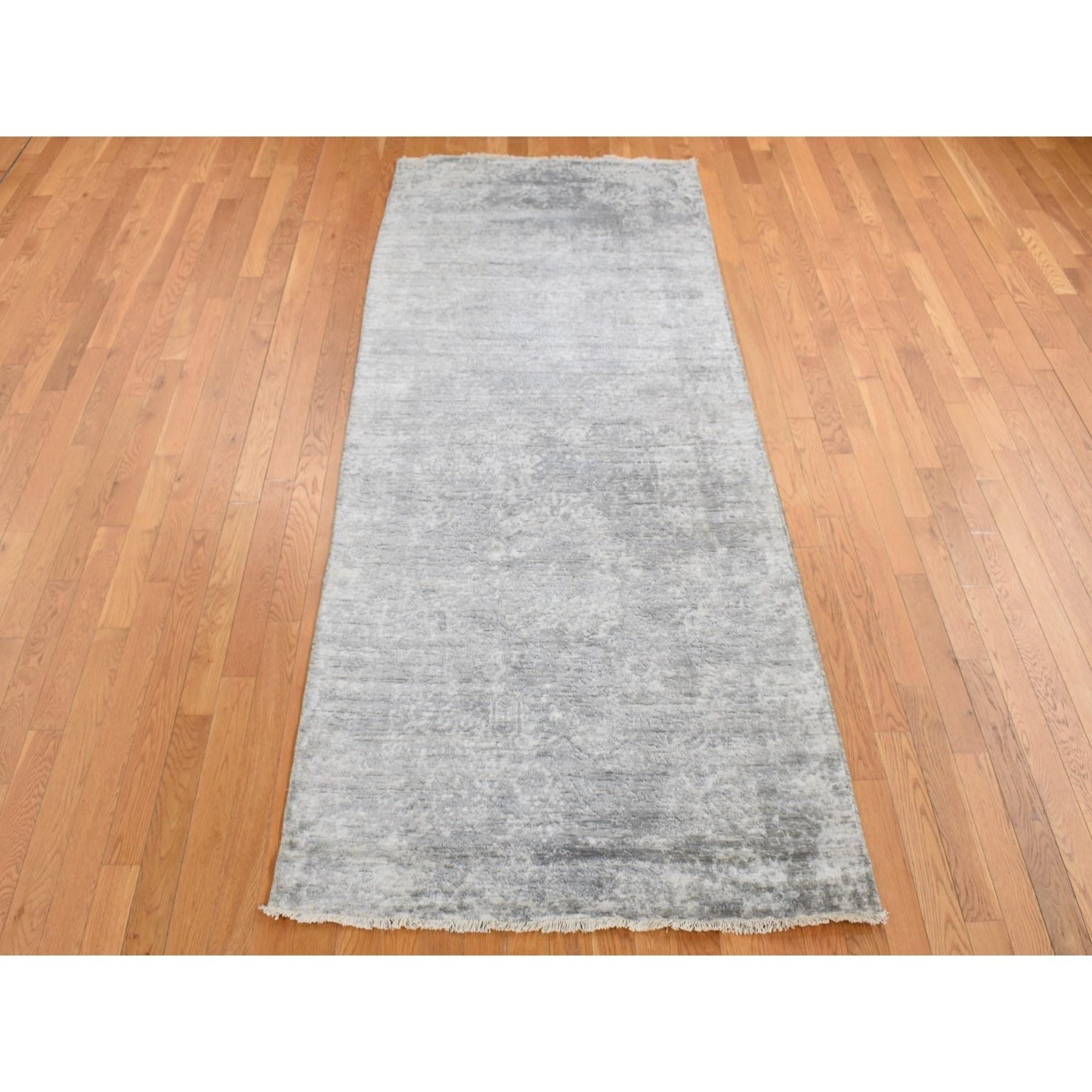 Coin Gray, Broken and Erased Persian Design, Wide Runner, Wool and Silk, Hand Knotted Oriental Rug
Primary materials: Wool & Silk
Latex: No Pile 
height: 0.25 Inches
Style: Transitional
Primary color: Grey
Secondary colors: Ivory
Pattern: Oriental
