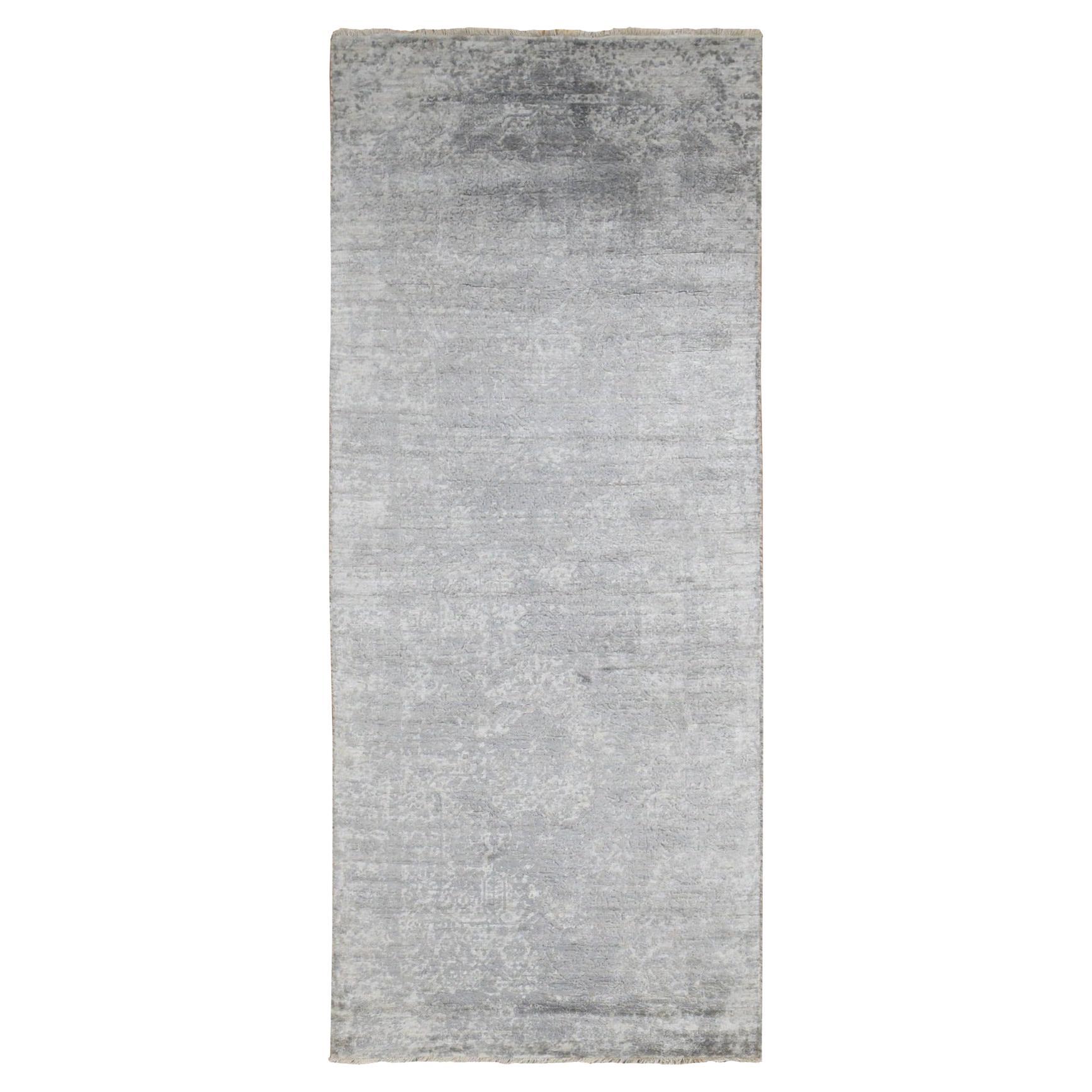 4'x9'8" Gray Erased Persian Design Runner Wool and Silk Hand Knotted Rug For Sale