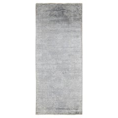 4'x9'8" Gray Erased Persian Design Runner Wool and Silk Hand Knotted Rug