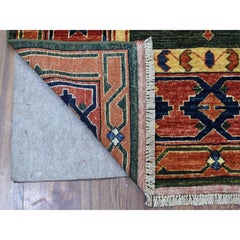 4'x9'8" Green Afghan Turkoman Ersari Geometric Organic Wool Wide Runner Rug