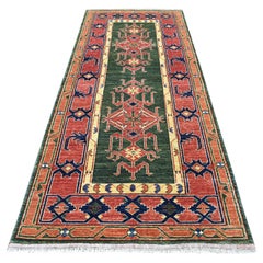 4'x9'8" Vert Afghan Turkoman Ersari Geometric Organic Wool Wide Runner Rug (Tapis de course large en laine organique)