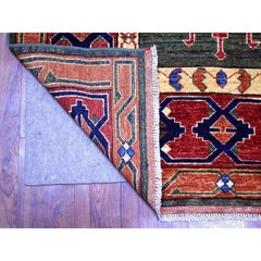 4'x9'8" Olive Green Turkeman Ersari Hand Knotted Pure Wool Oriental Rug