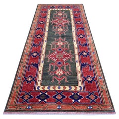 Alfombra Oriental de Lana Pura Anudada a Mano Turkeman Ersari Verde Oliva 4'x9'8