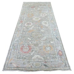 4'x9'8" Spanish Gray Hand Knotted Angora Oushak Leaf Design Wool Runner Rug