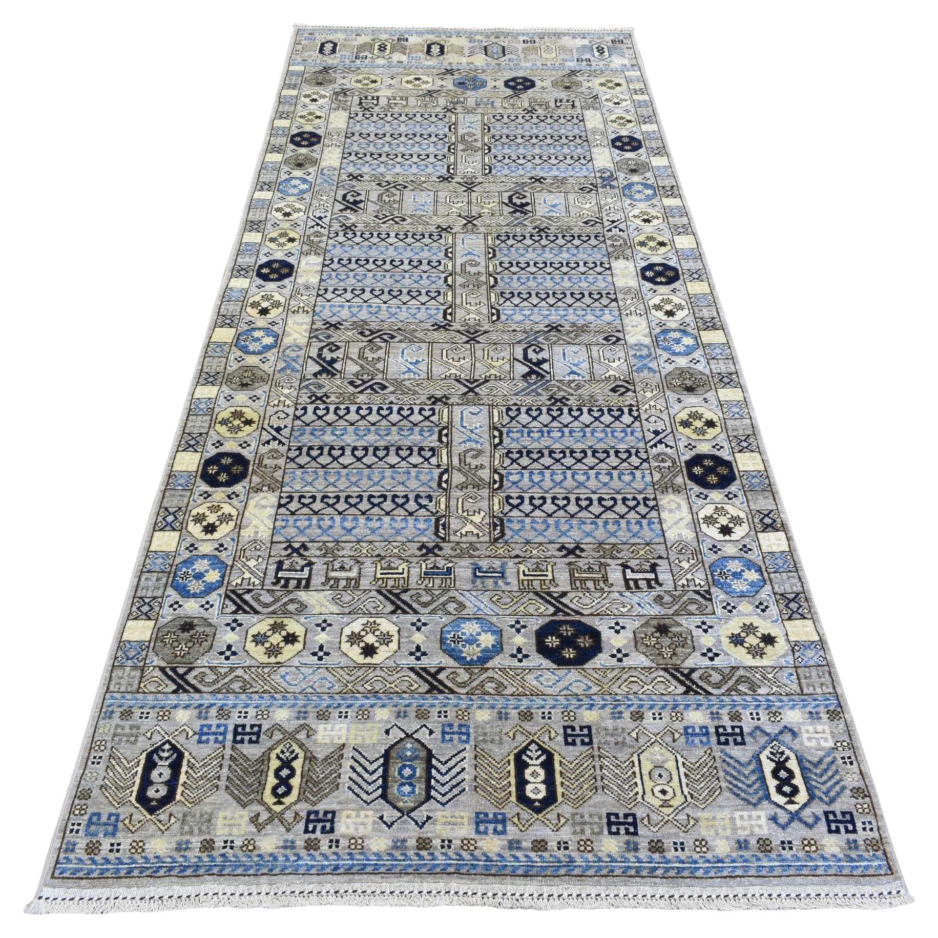 4'x9'9" Cloud Gray, Soft Wool Hand Knotted, Afghan Ersari, Wide Runner Rug