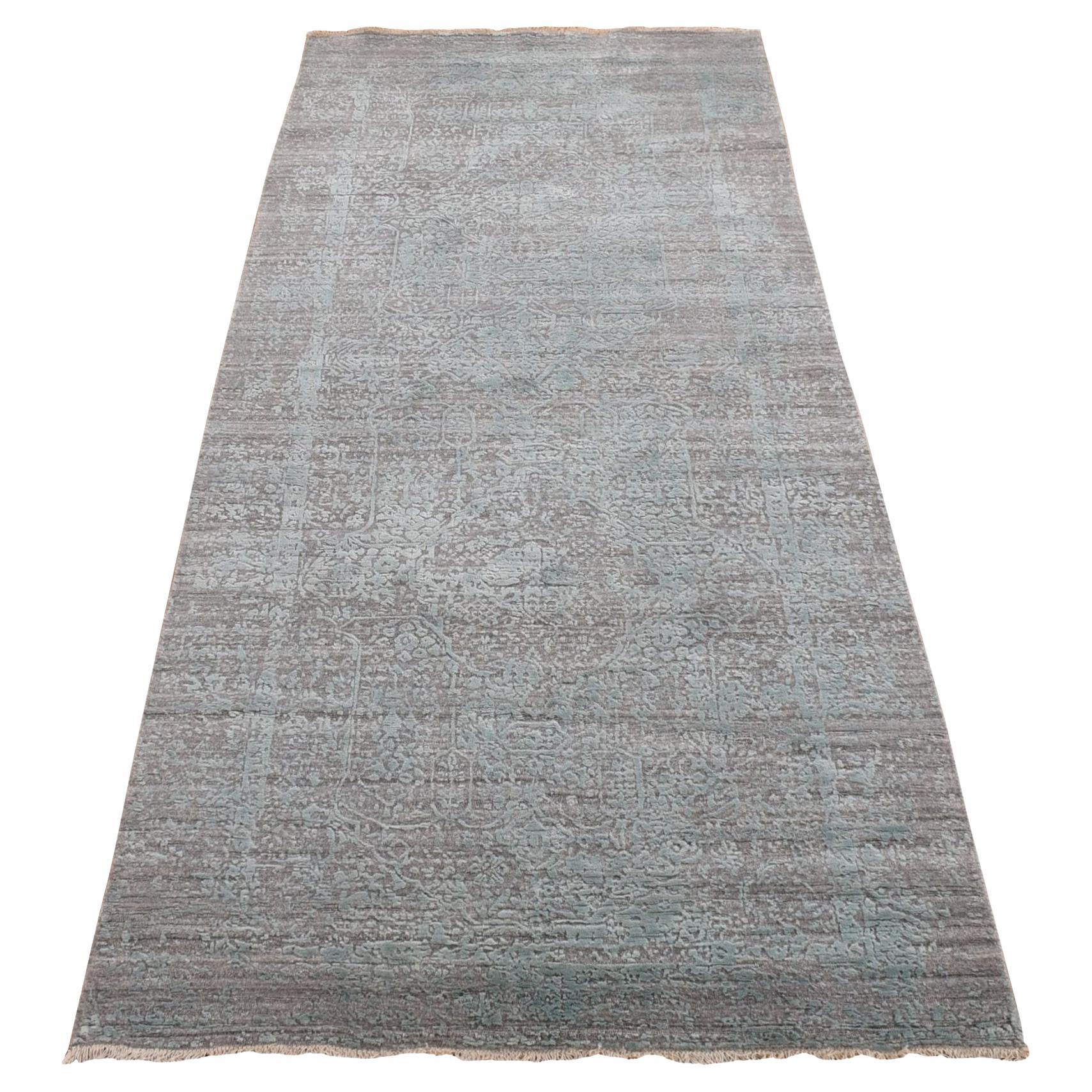 4
x9
9" Vert, Broken Persian Design, laine/soie noué à la main, large tapis de course