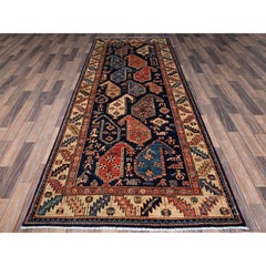 4'x9'9" Midnight Blue Large Paisley Design Hand Knotted Soft Wool Runner Rug