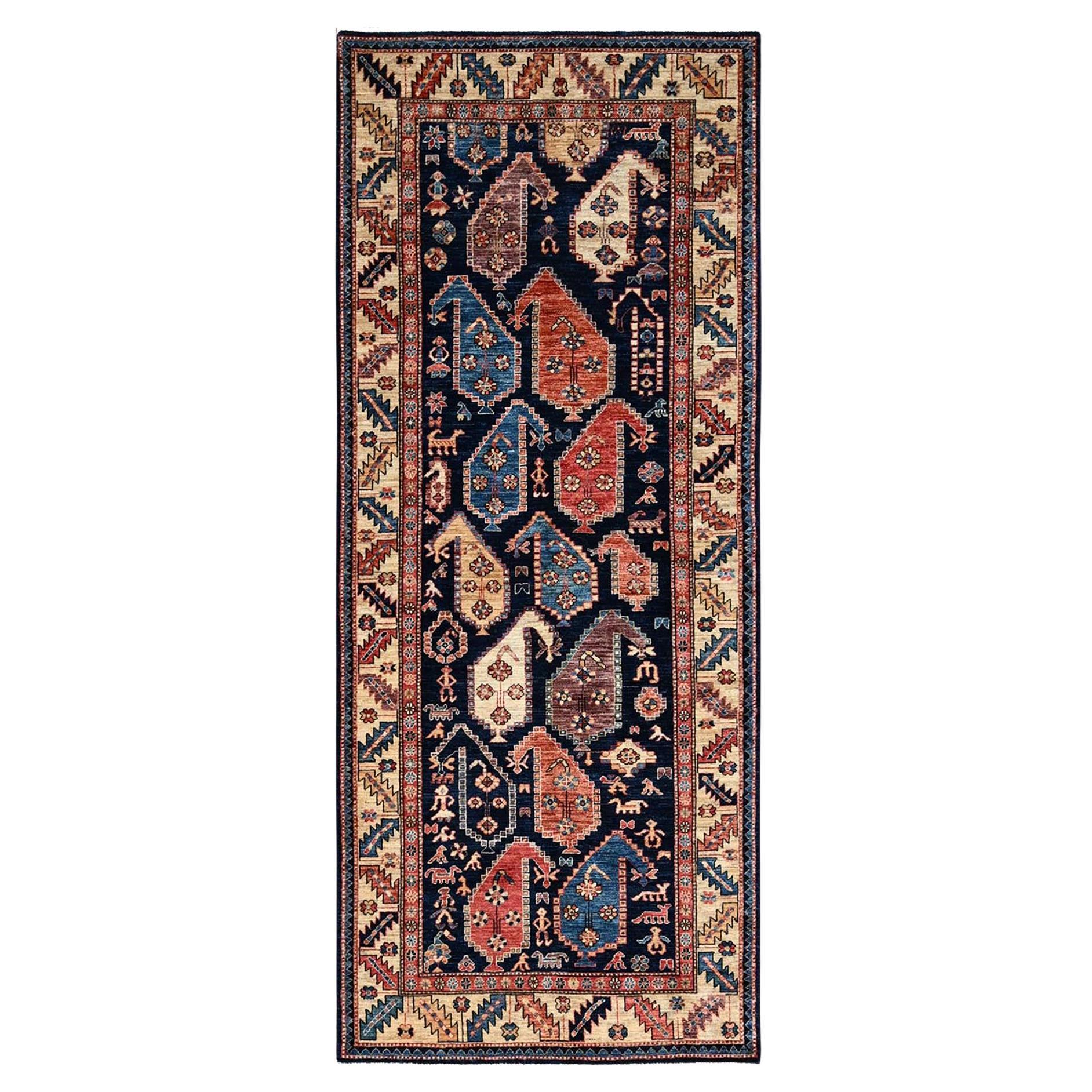 4'x9'9" Midnight Blue Large Paisley Design Hand Knotted Soft Wool Runner Rug For Sale