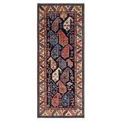 4'x9'9" Midnight Blue Large Paisley Design Hand Knotted Soft Wool Runner Rug