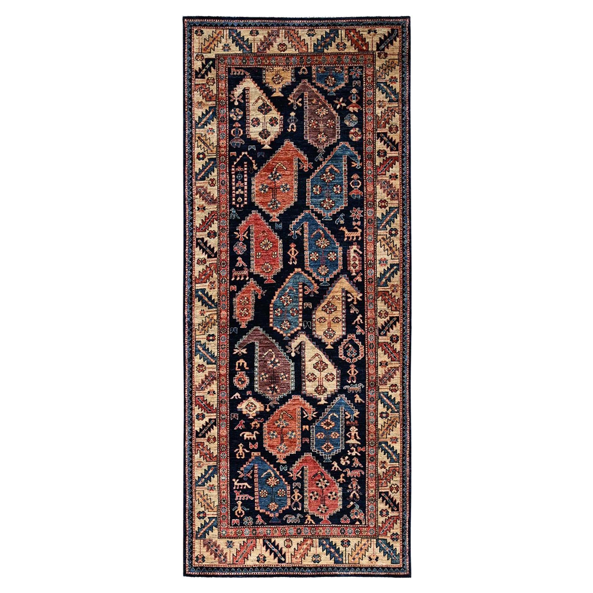Tappeto orientale Runner 4'x9'9" Midnight Blue Paisley Design annodato a mano in tutta lana
