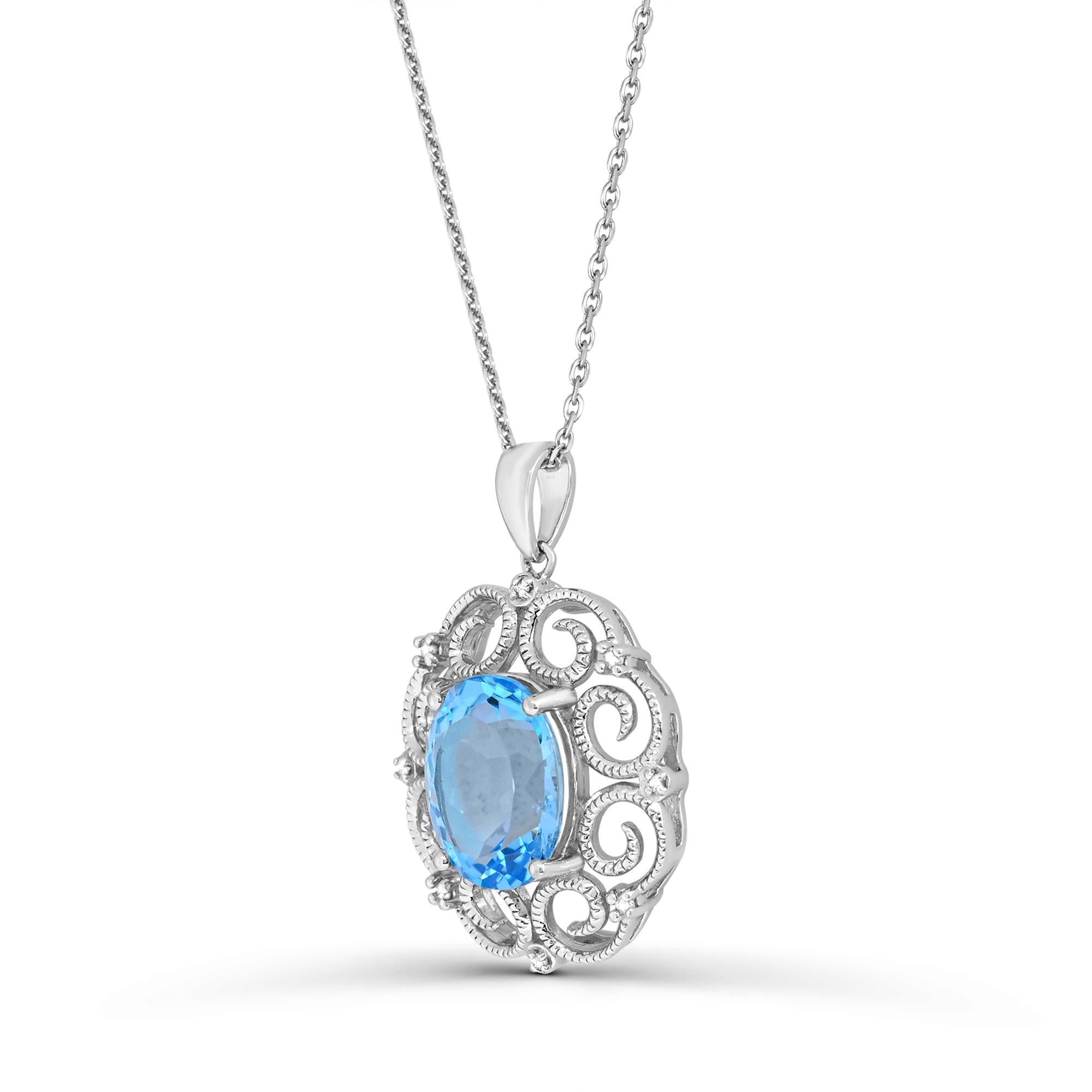 Indulge in the elegance of our Swiss Blue Topaz and White Diamond Retro Border Pendant Necklace in Sterling Silver. Crafted with meticulous attention to detail, this necklace boasts a stunning combination of one oval Swiss blue topaz accented by