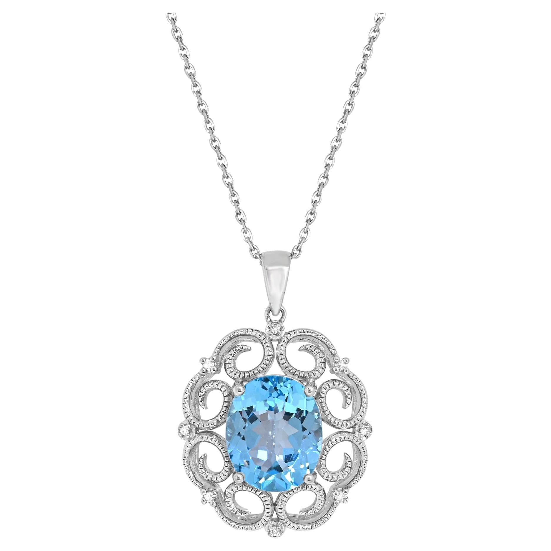 5-1/2 ct. Swiss Blue Topaz and Diamond Accent Sterling Silver Pendant Necklace For Sale