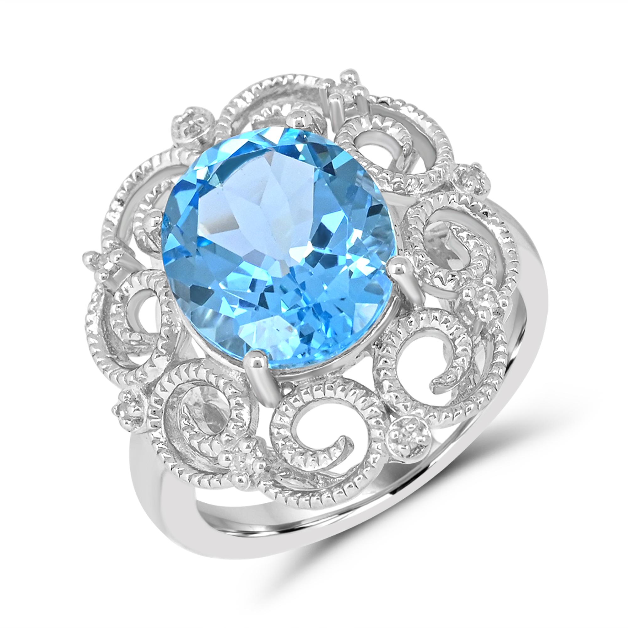Contemporary 5-1/2 ct. Swiss Blue Topaz and Diamond Accent Retro Border Sterling Silver Ring For Sale