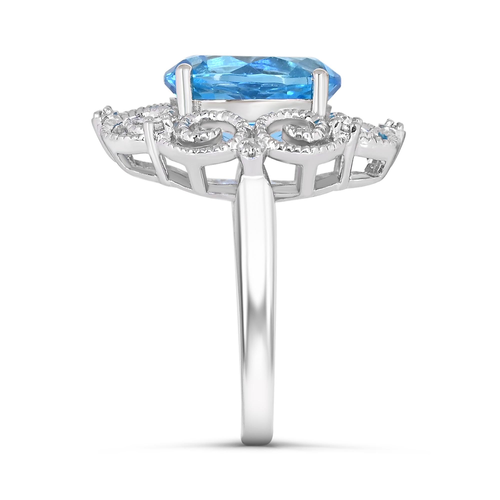 Oval Cut 5-1/2 ct. Swiss Blue Topaz and Diamond Accent Retro Border Sterling Silver Ring For Sale
